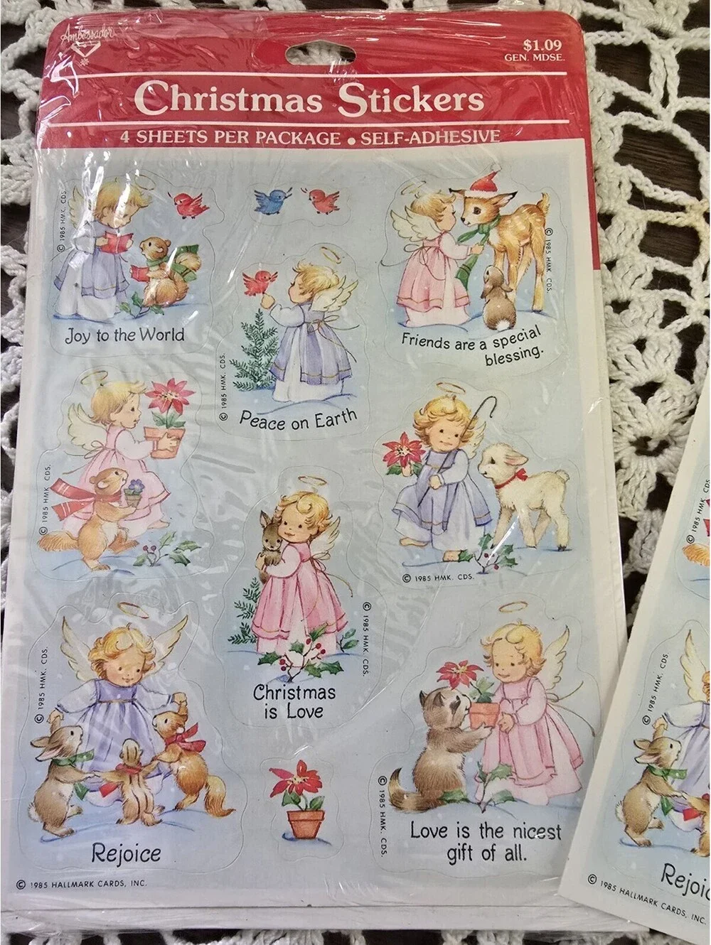 Vintage 1985 Hallmark Ambassador Christmas Stickers, 2 Sheets. Opened Pack